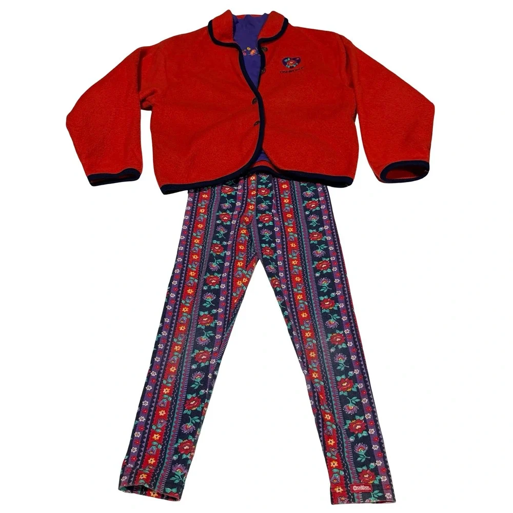 Vintage OshKosh Bgosh Hot Colors 3pc Set Fleece Jacket Shirt Leggings Girls 6X